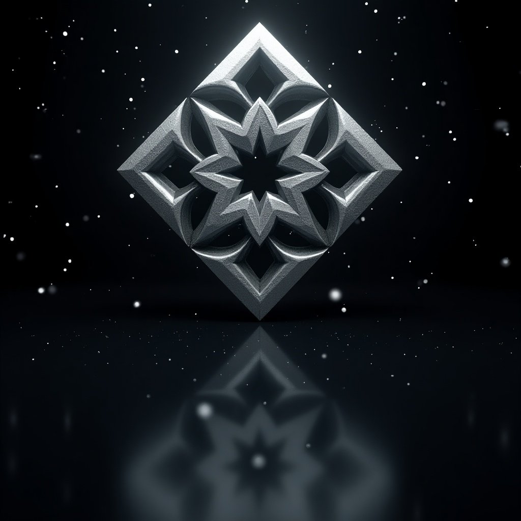 Sleek metallic three-dimensional emblem resembling angular prism. Dark reflective environment. Digital art, complex geometric crystalline structure, central hexagonal shape, surrounded by intricate angular patterns, starry background.