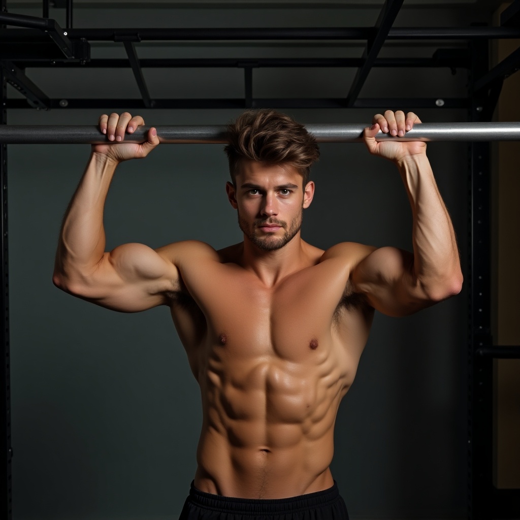 A young man displays strength and tone while holding a pull-up bar. He looks self-assured. Emphasis is on defined muscles. Lighting highlights his upper body texture. A moment capturing physical strength and aesthetic.