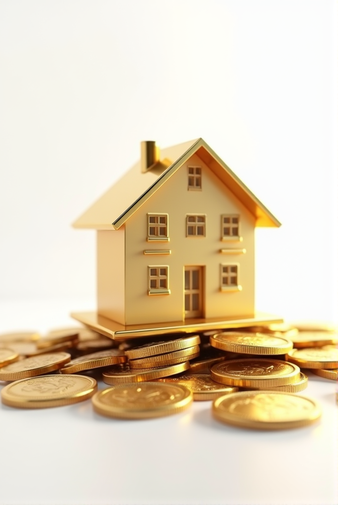 A golden model house sits atop a pile of neatly stacked gold coins, symbolizing real estate investment and wealth accumulation.