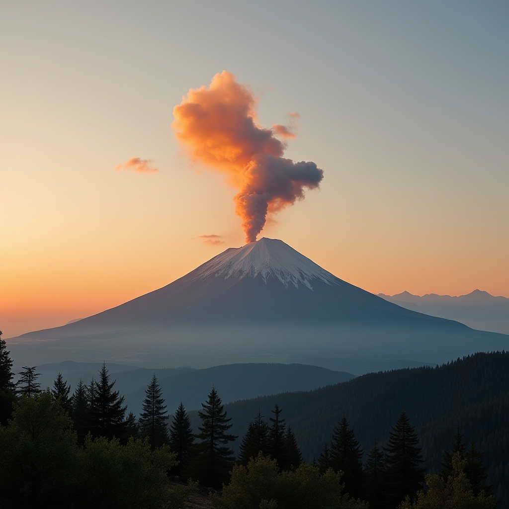 A majestic volcano emits a plume of ash under a vibrant sunset sky, framed by silhouetted trees.