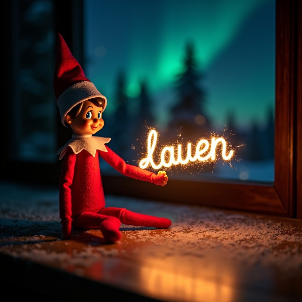 This enchanting image features an elf on the shelf, dressed in traditional red and white, sitting on a wooden surface. The elf is creatively holding a glow stick that illuminates the name 'Lauen' in sparkling letters. The background is a mysterious dark scene, showcasing the enchanting northern lights. This setting enhances the magical feel of the image, making it look festive and cheerful. The snow surrounding the elf adds to the holiday atmosphere, evoking warm memories of Christmas. Overall, the image beautifully captures the joy and spirit of the season.