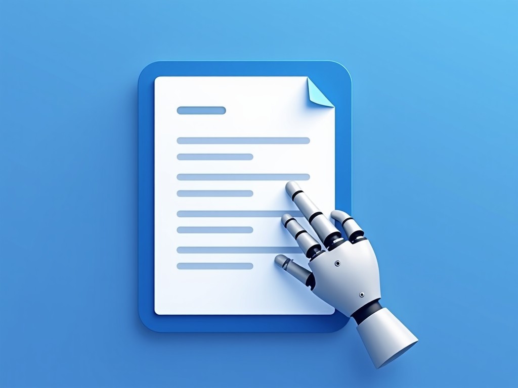 A robotic hand touching a digital document on a blue background