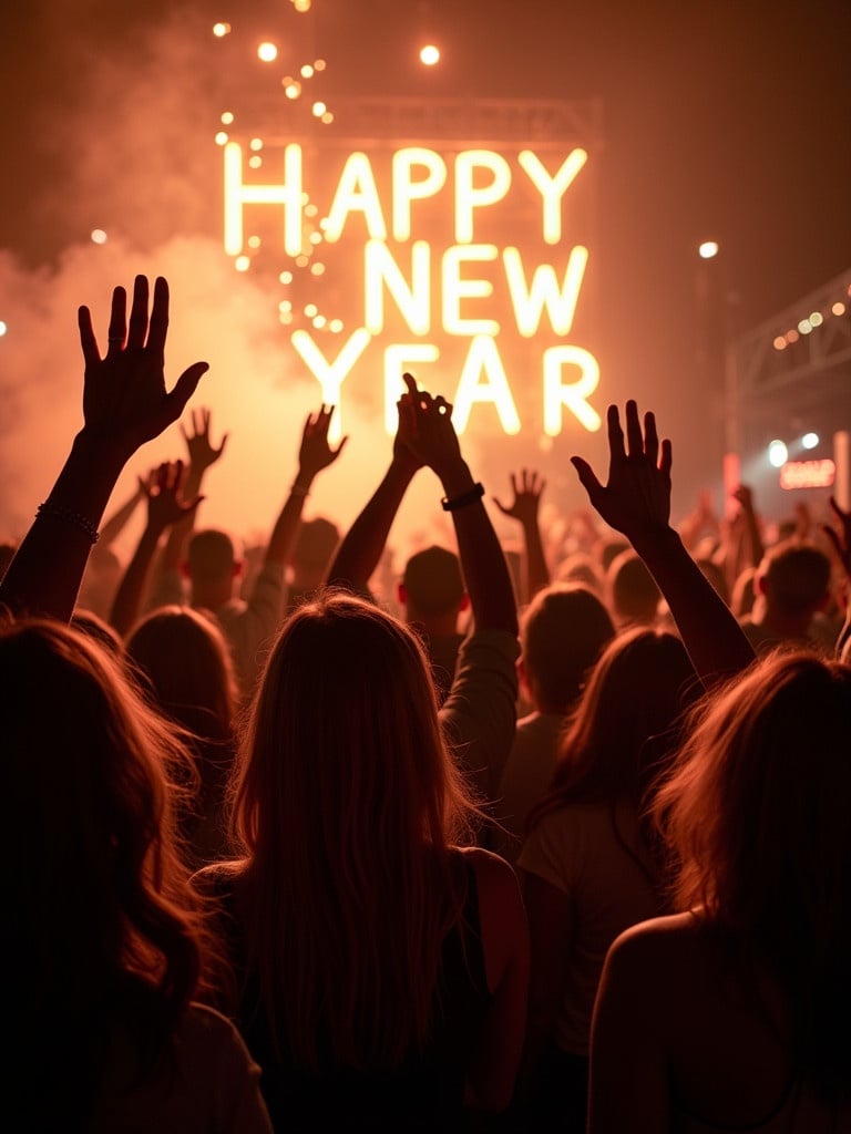 Happy New Year celebration scene. People with raised hands enjoying the event. Bright 'Happy New Year' lights in the background. Festive atmosphere with excitement.