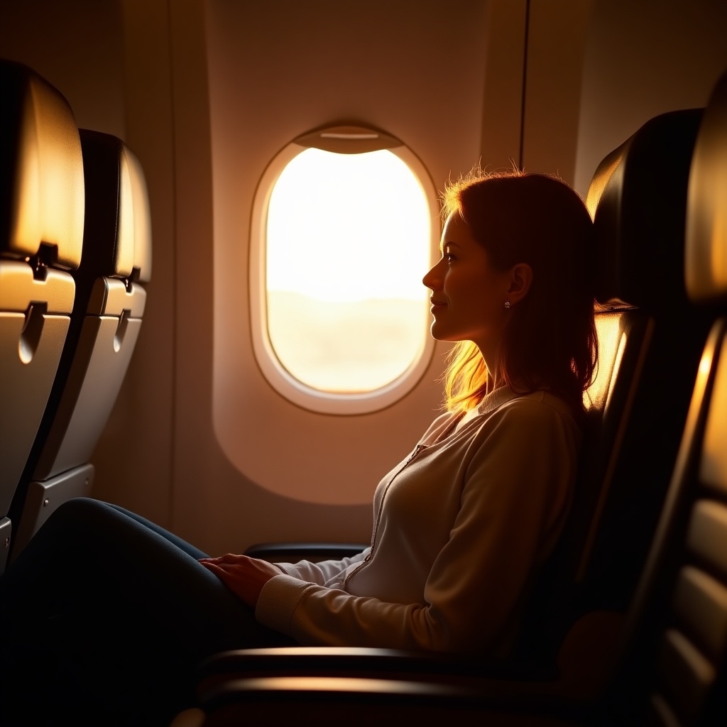 A person sits comfortably by the window of an airplane, bathed in warm sunlight.