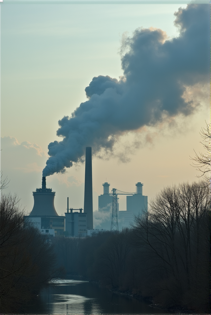 The image shows an industrial plant with cooling towers and smokestacks emitting thick smoke clouds, silhouetted against a pale sky, with a river and leafless trees in the foreground.