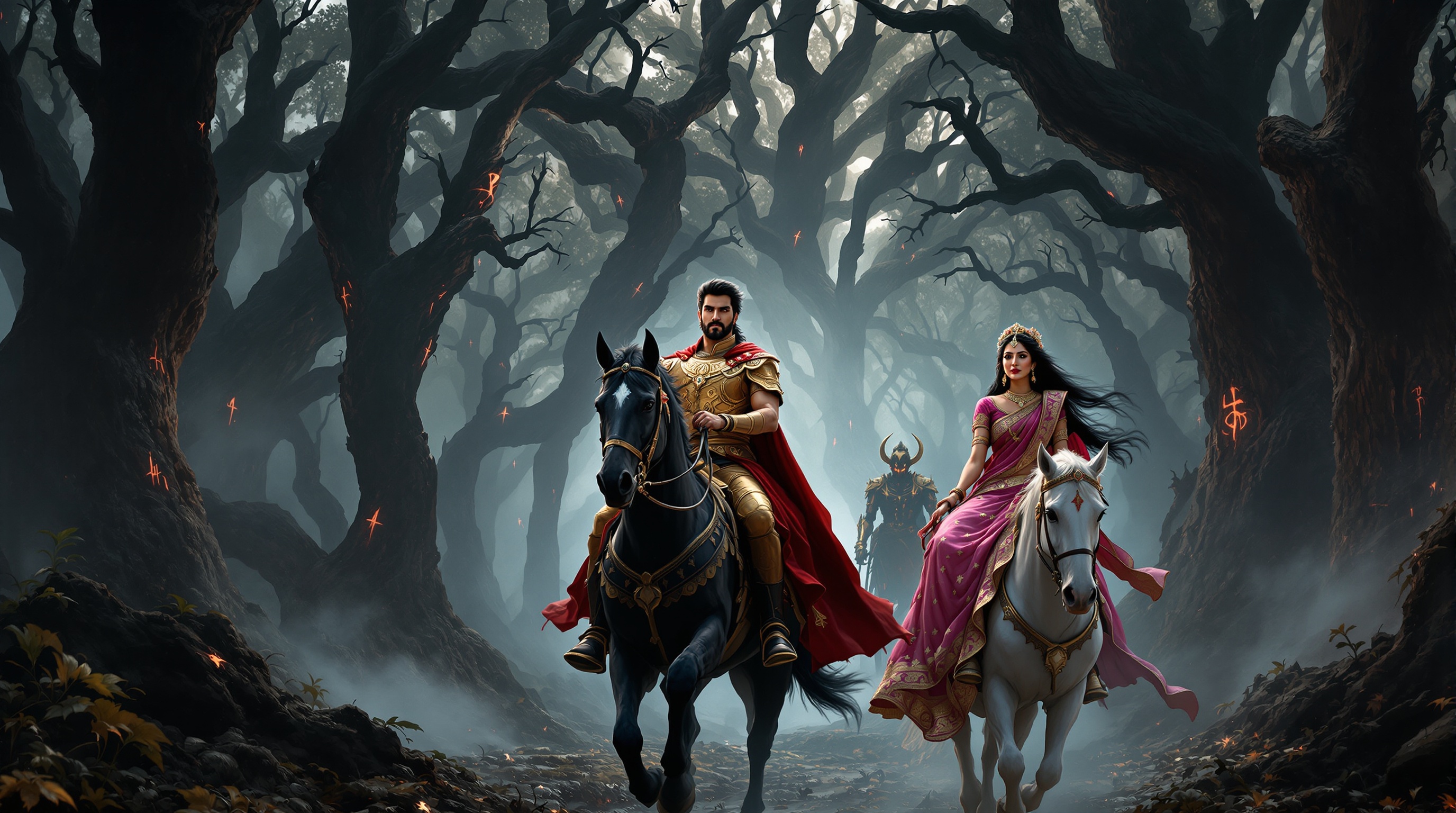 A detailed illustration of King Rudrasen and Queen Mriganjali on horseback entering a dark forest. King in ornate armor holding reins of a black horse. Queen in elegant pink saree on a white horse. Ominous trees with twisted branches and glowing red symbols. Misty undergrowth and eerie atmosphere.