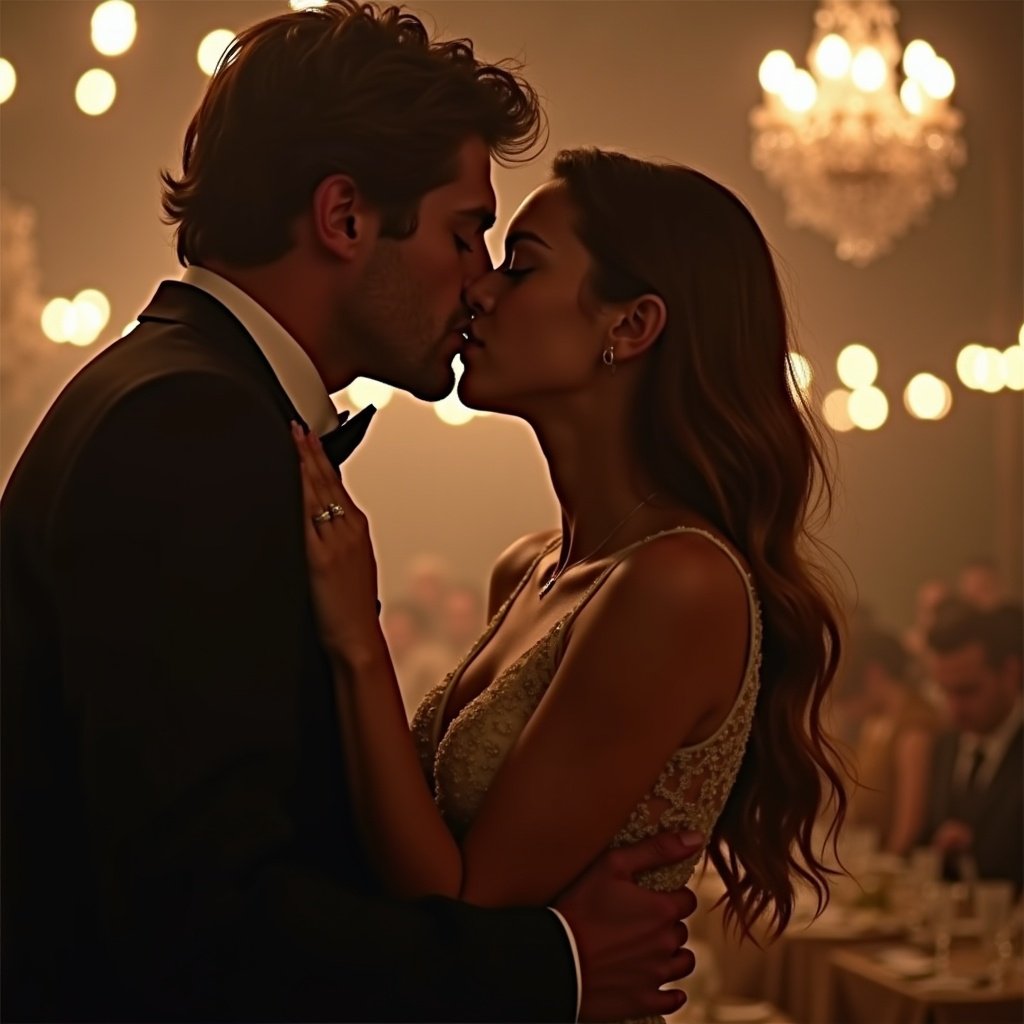 Romantic kiss in an elegant setting with soft lighting. Couple appears intimate surrounded by guests.