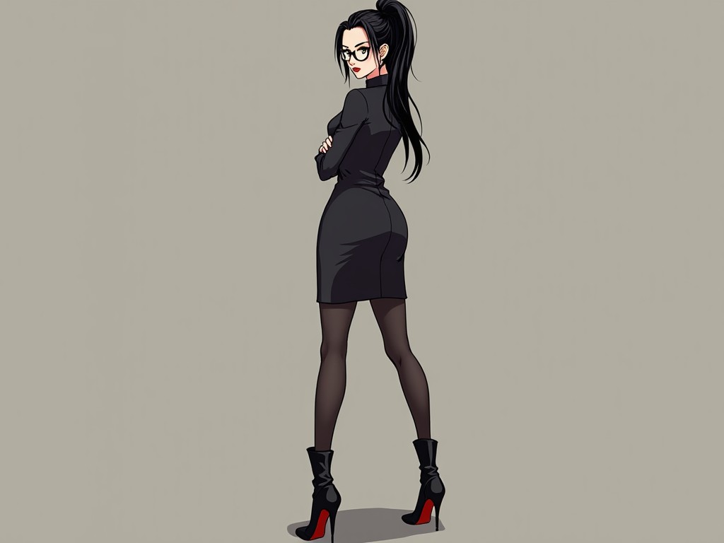 Illustration of a stylish woman with long dark hair and glasses, wearing a black outfit and high heels, standing cross-armed with a confident expression on a neutral background.