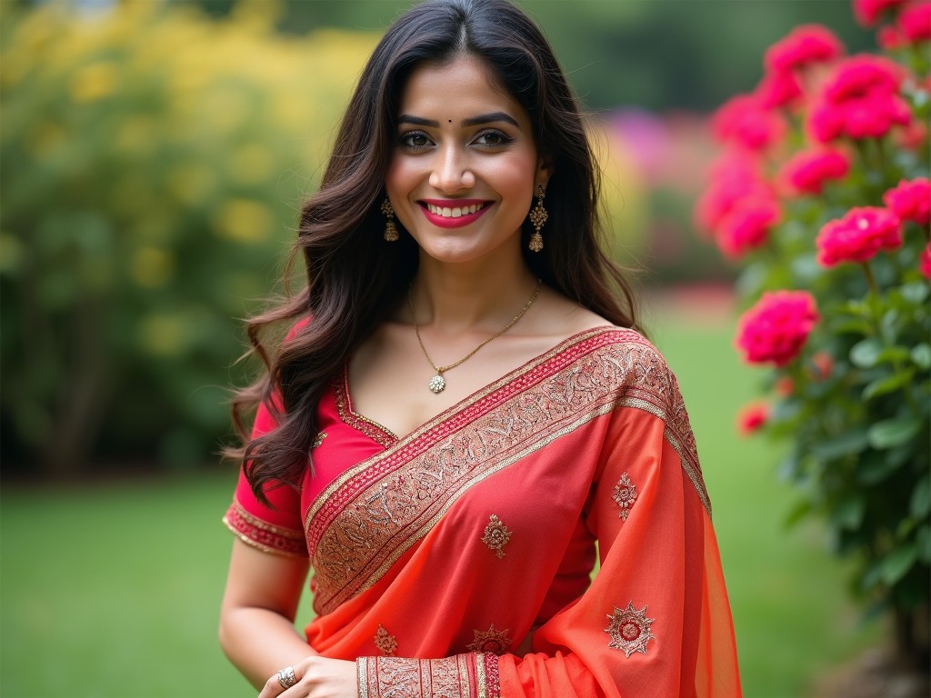 The image features a beautiful woman wearing a traditional saree. The saree is vibrantly colored, showcasing shades of red and orange. She is complemented by elegant jewelry that enhances her overall look. The background is a lush garden filled with flowers, creating a calming atmosphere. Soft, natural lighting accentuates her features and the intricate details of her outfit. This image captures the essence of Indian culture and fashion, highlighting traditional beauty.