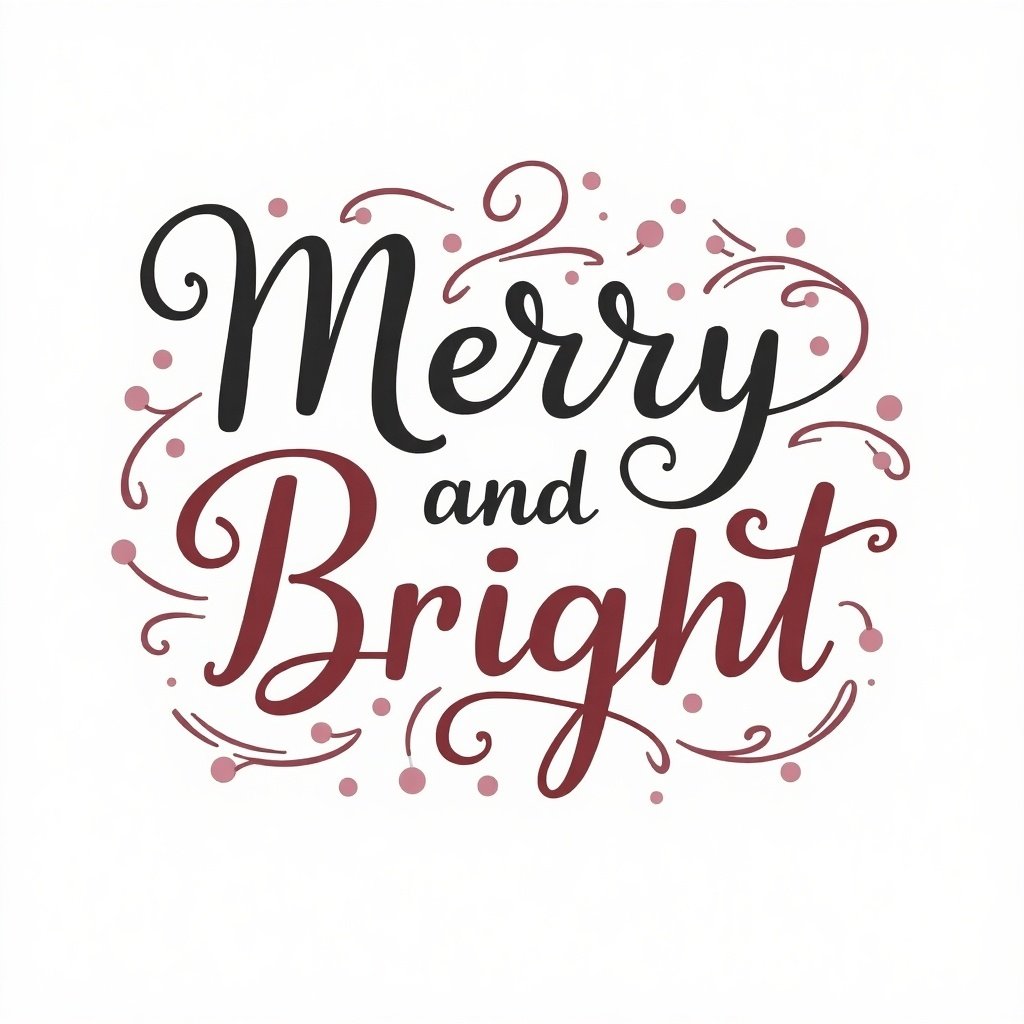 The image shows the words 'Merry and Bright' with a decorated font. Intricate swirls and flourishes are present. The colors are pink and gray, creating a warm feel. Suitable for artistic projects. Elegant and visually appealing design.