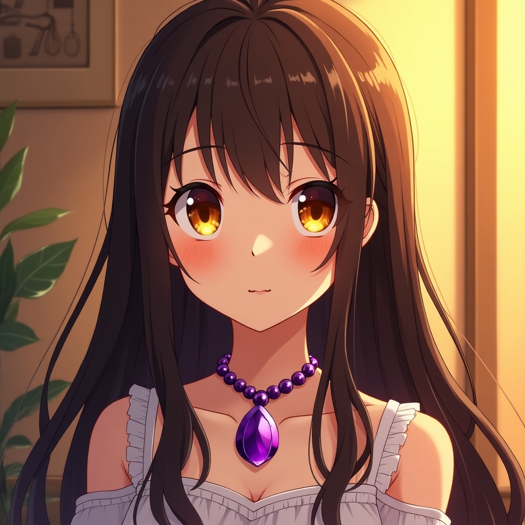 Rich color anime illustration. Girl has long brown hair and orange eyes. She wears a purple gemstone necklace. Scene captures warm lighting.