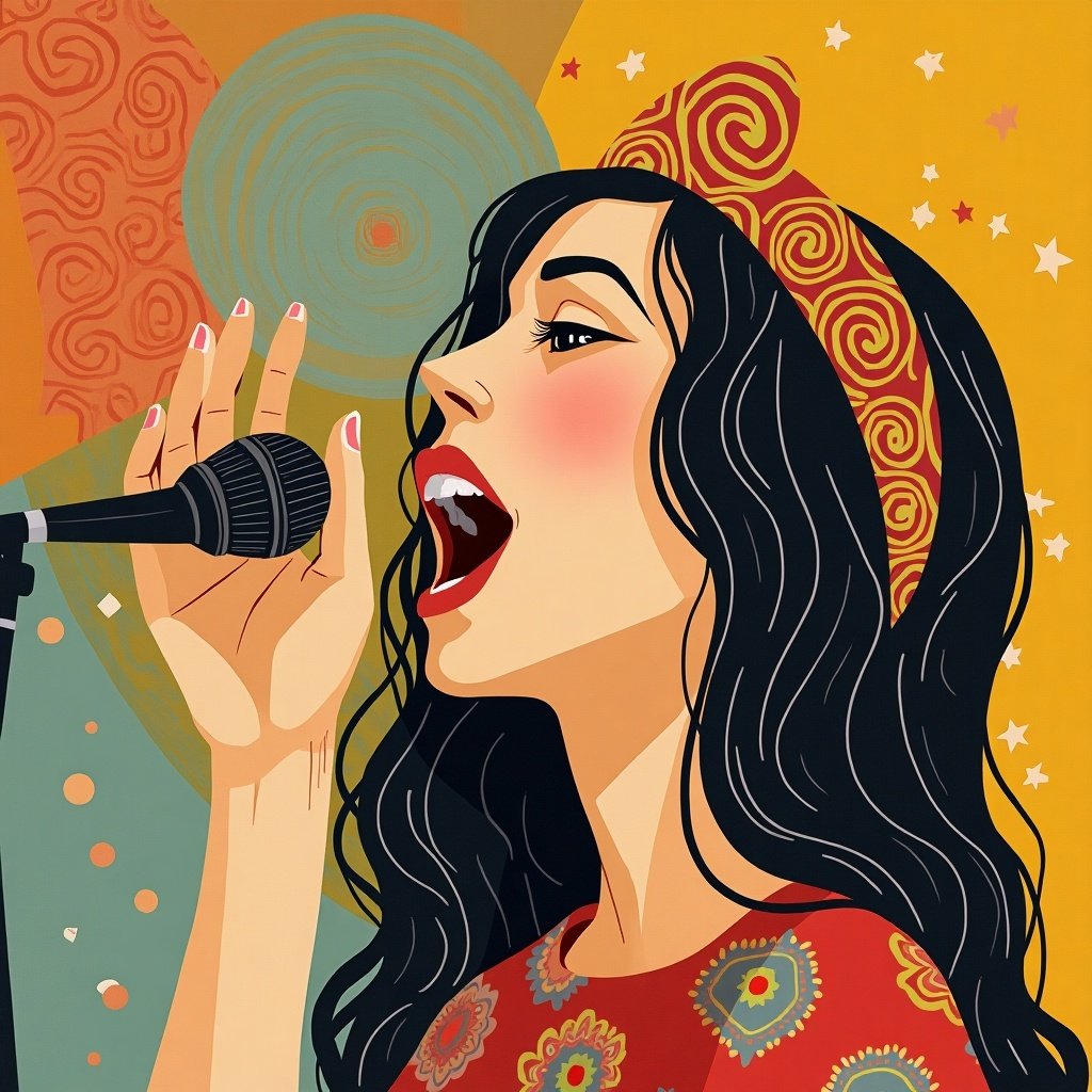 Illustration of a woman singing. Geometric patterns are vibrant and colorful. Focus on the microphone and hands. Artistic style is modern and lively.