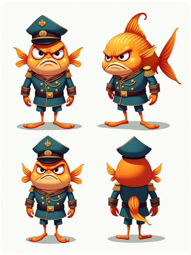 Different angles showcase a cartoon army fish in colorful uniform. Fish appears grumpy. Character design features a military outfit with a hat. Bright colors enhance the playful nature of the character.