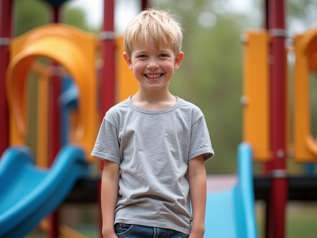 A young child smiling in the foreground with colorful playground equipment in the background, captured on a sunny day.