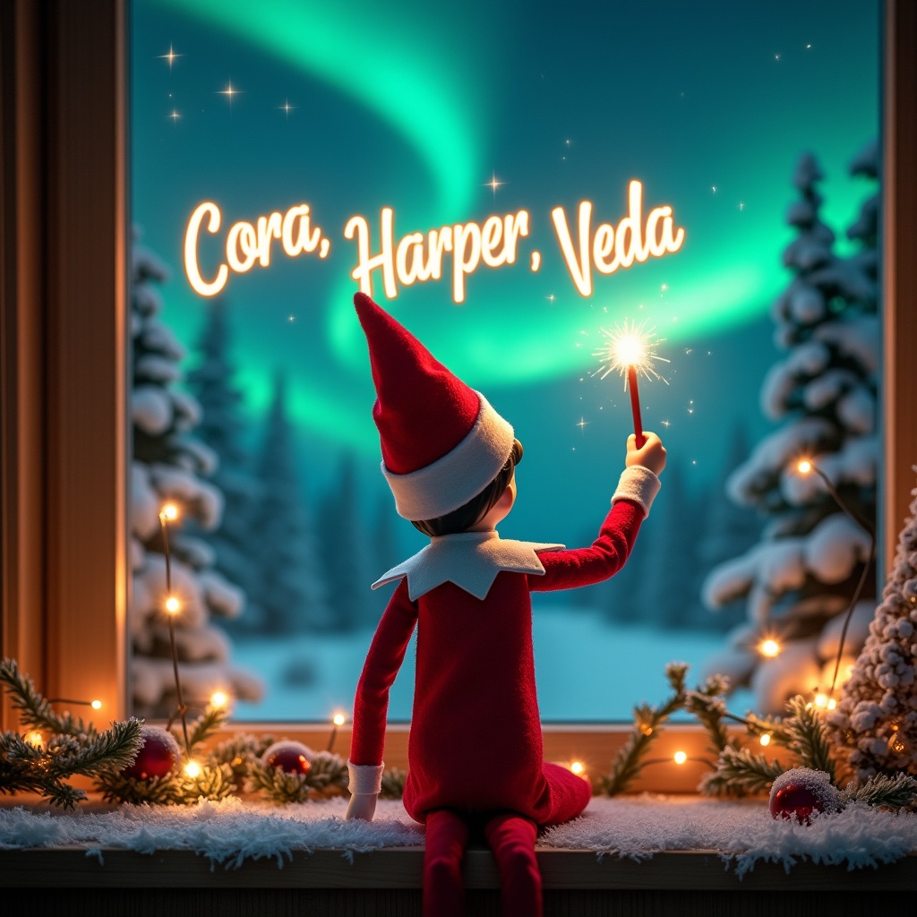 This image captures an enchanting Christmas scene with an elf on the shelf facing a magical sky. The elf is dressed in classic red and white and holds a magic wand, using it to write names in glowing script. Above him, the names 'Cora', 'Harper', and 'Veda' twinkle beautifully. The backdrop features stunning northern lights that enhance the festive atmosphere. A cozy window setting adds to the warmth of the scene, which exudes holiday spirit and joy. The elf's enchanting actions create a sense of wonder and excitement for the holiday season.