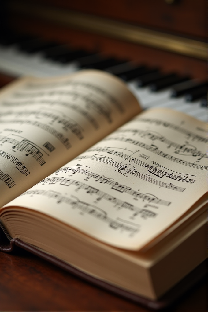 An open music book displaying sheet music lies on a wooden surface, with a blurred piano keyboard in the background.