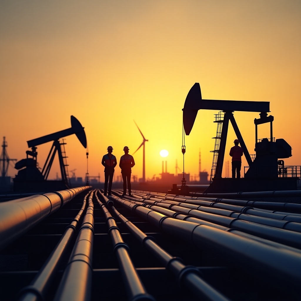 This image captures silhouettes of oil workers standing on pipelines during sunset. The scene highlights the contrast between traditional oil extraction equipment and modern wind turbines in the background. It emphasizes the evolving landscape of energy production. The warm colors of the sunset provide a dramatic backdrop for the workers' silhouettes. This visual could be used to represent themes of energy services and industrial evolution in the oil sector.