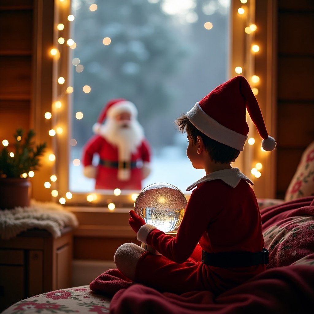 Cozy room during Christmas. Elf sits with back to viewer. Gazing outside at magical scene. Holds empty snow globe. Santa Claus appears joyfully outside. Window framed with twinkling lights.