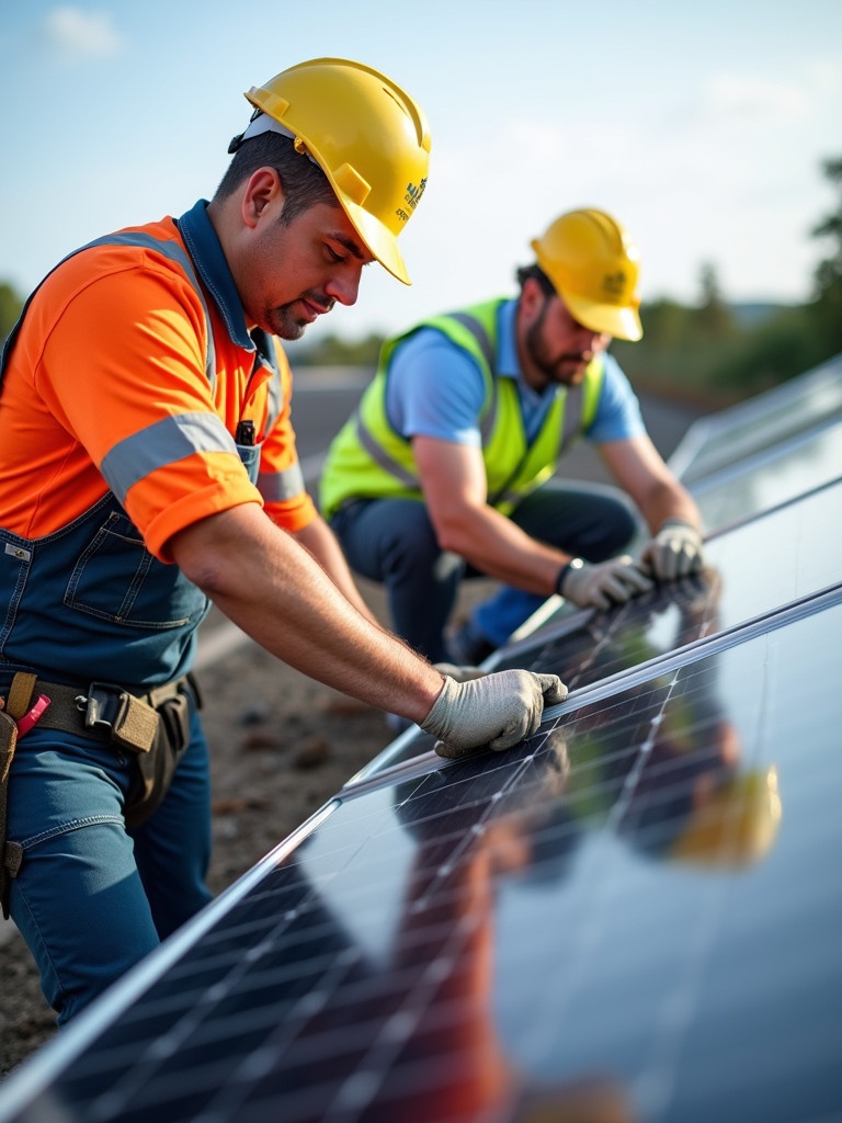 Maintenance team performing routine checks on solar panels. Technicians dressed in safety gear focused on the equipment. Clear sky in the background. Demonstrates importance of solar energy maintenance.