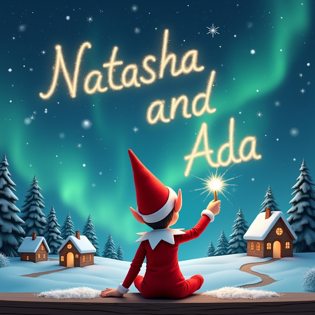 Elf sits on wooden ledge with its back to camera. The elf wears red outfit and pointed hat. The elf holds sparkling wand. The elf writes names 'Natasha' and 'Ada' in starry sky. Background has snowy landscape with little houses and evergreen trees under Northern Lights. Scene captures childhood magic and Christmas cheer.