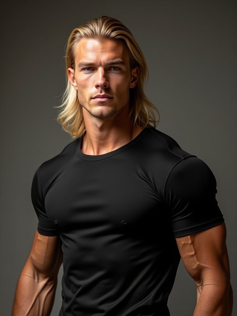 Image shows a muscular male with long blonde hair wearing a tight black shirt. The shirt highlights a well-defined physique. The background features soft lighting that enhances the subject's form.