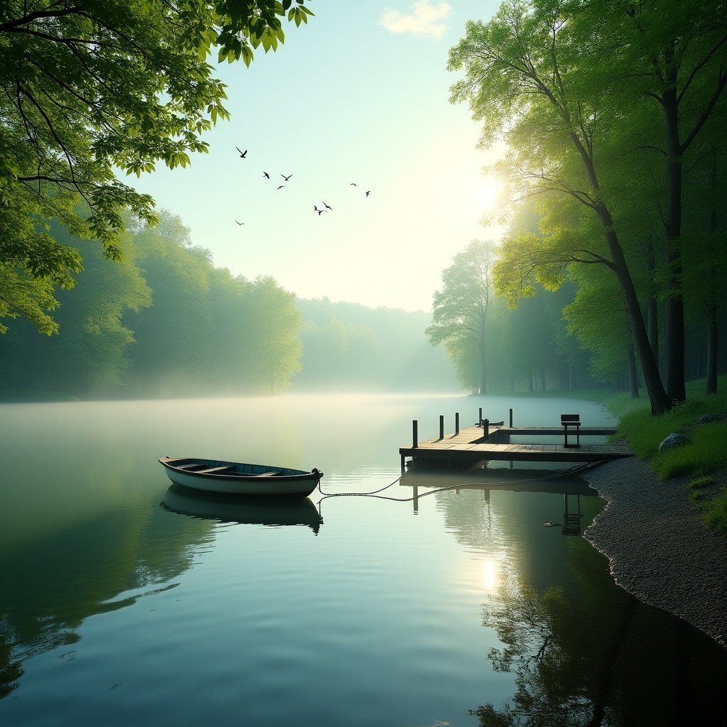 A serene lake scene with a small boat and a dock surrounded by trees, captured in morning light, mist over the water, and birds in the sky.