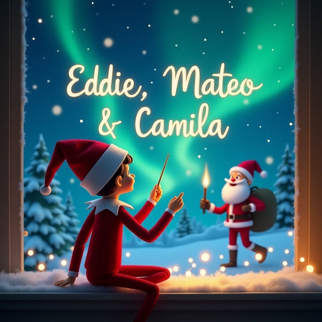 The scene features an elf sitting with his back to the viewer, gazing up at a magical sky. Using a wand, he writes 'Eddie, Mateo & Camila' in shimmering light. The backdrop portrays a festive winter landscape, complete with glowing northern lights. In the distance, Santa stands cheerfully, enhancing the Christmas spirit. Snow gently blankets the ground, creating a cozy atmosphere. This enchanting image captures the joy of the holiday season, perfect for children and families.