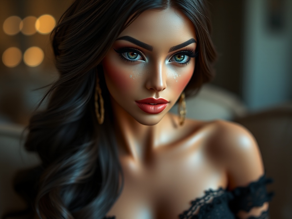 A digitally rendered portrait of a glamorous woman with striking makeup and elegant earrings.