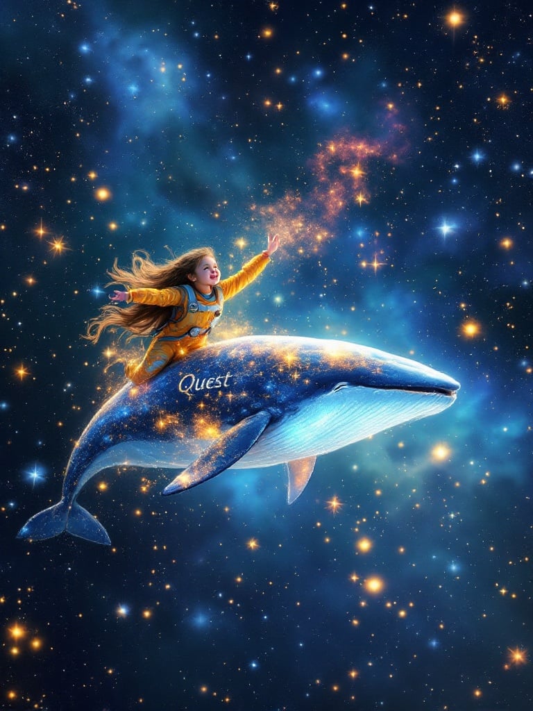 A joyful four-year-old astronaut girl floats in space. She wears a colorful space suit with the word Quest embroidered. A gigantic whale swims beside her. The cosmos is filled with stars and vibrant nebulae. This scene reflects wonder and imagination, emphasizing a child’s adventure in the universe.