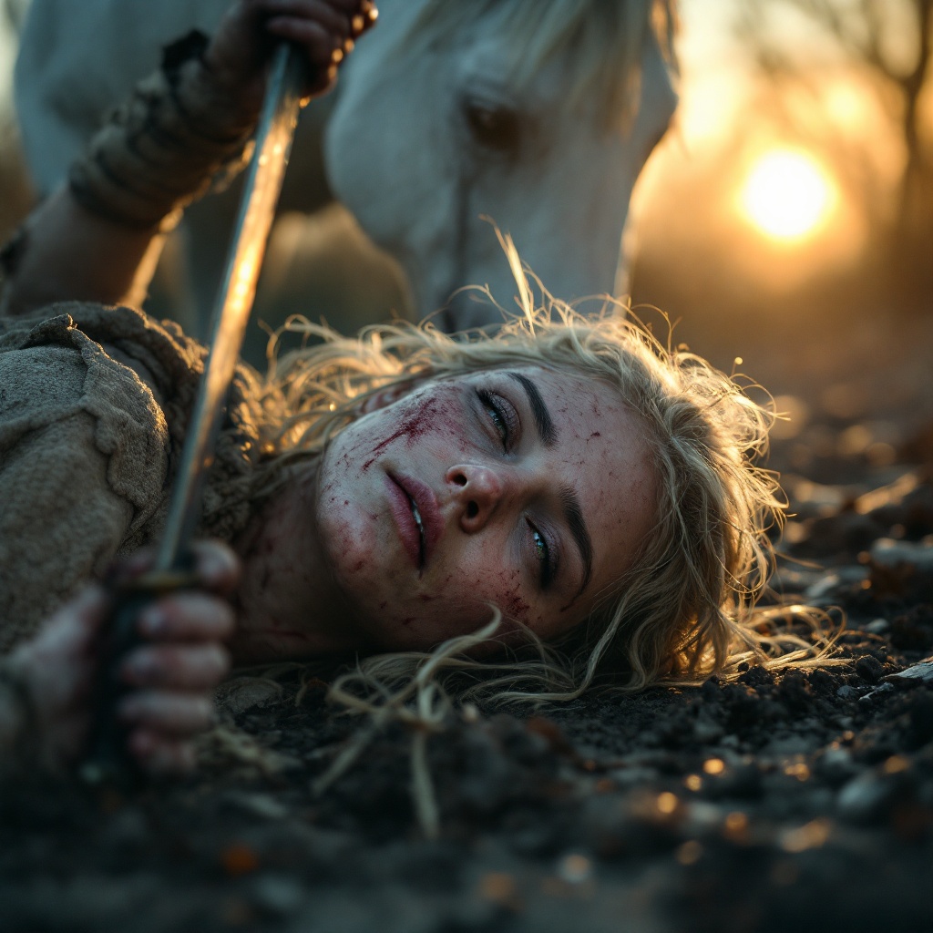 Tilu Rauteli lies exhausted on the ground. Hand grips a sword resting on earth. Face illuminated by the rising sun. Blood and dirt mark her features. Connection with her sword indicates strength. A white horse stands protectively nearby. The terrain shows battle aftermath with broken weapons scattered.