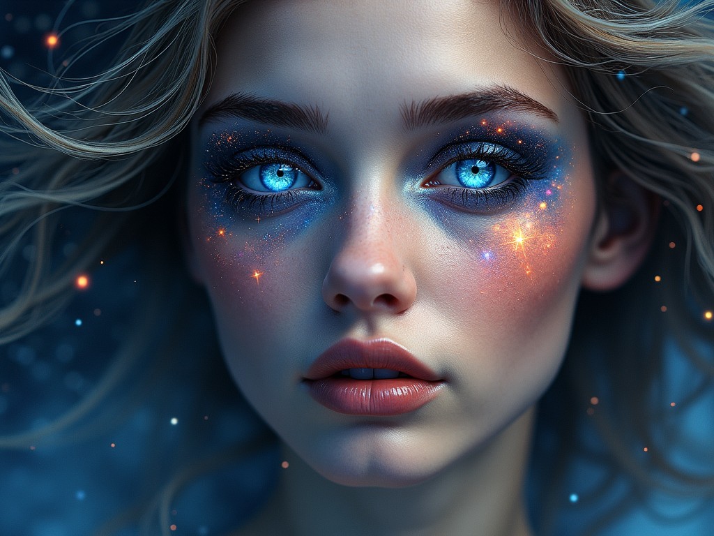 The image portrays a woman with mesmerizing blue eyes filled with a celestial glow, surrounded by stars and cosmic elements that blend seamlessly with her makeup. Her expressive face is framed by flowing, ethereal hair, adding an otherworldly aura to the scene. The combination of bright blues and subtle sparkles evokes a sense of wonder and mystery, capturing the essence of a starry night sky reflected in human beauty.