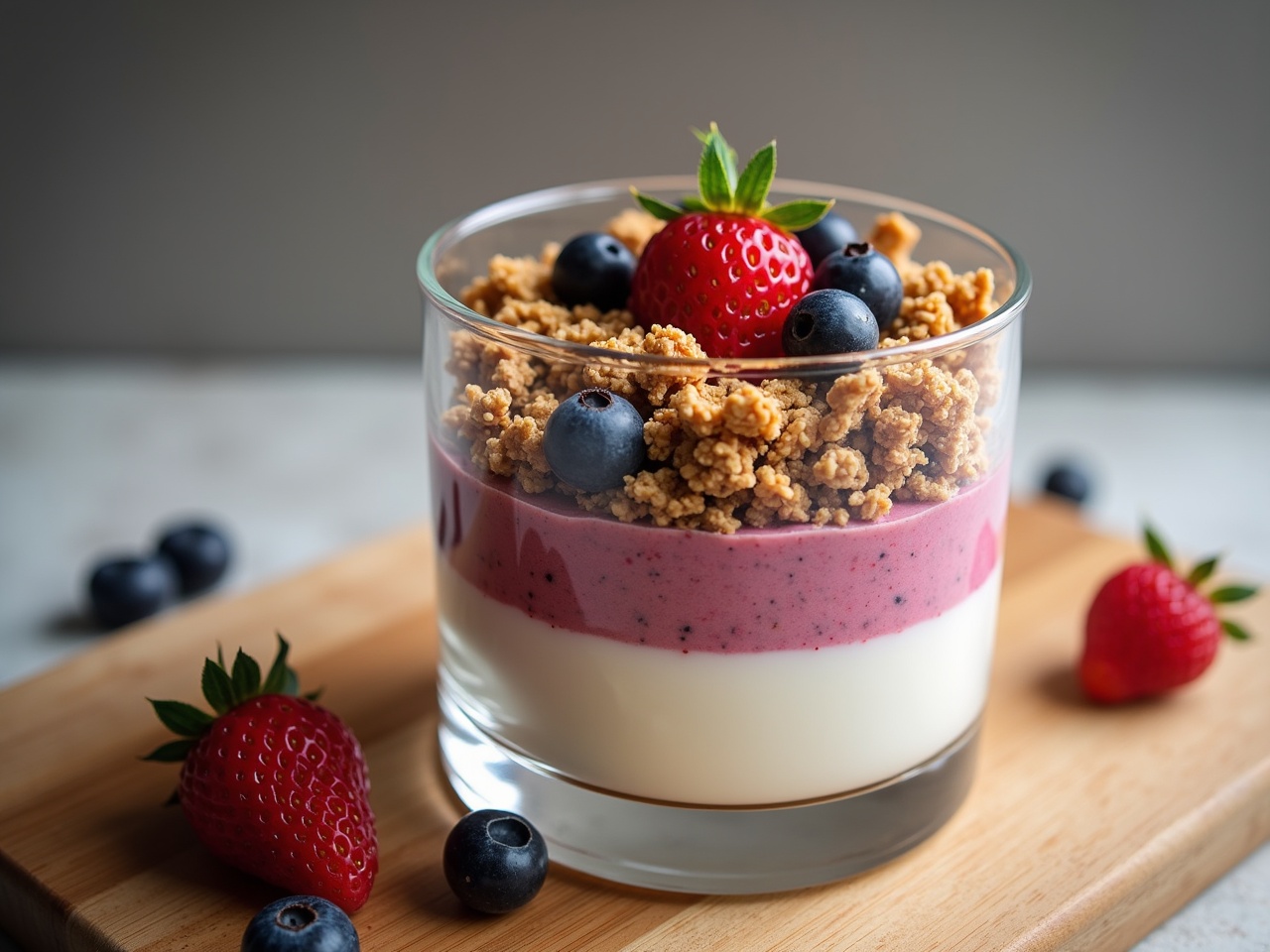 The image showcases a delicious parfait in a transparent glass. The parfait consists of creamy layers of yogurt, a vibrant mixed berry layer, and a crunchy granola topping. Fresh strawberries and blueberries are elegantly placed around the glass. Chia seeds and walnuts are also featured, adding to the nutritional value. A drizzle of honey can enhance the flavor. This beautifully arranged dish is perfect for breakfast or a healthy snack, showcasing an appealing balance of colors and textures.