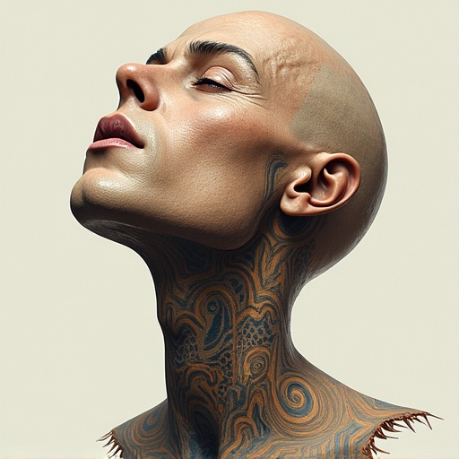 A close-up portrait focusing on a head with an artistic tattoo design on the neck and jawline. The expression showcases confidence and beauty.