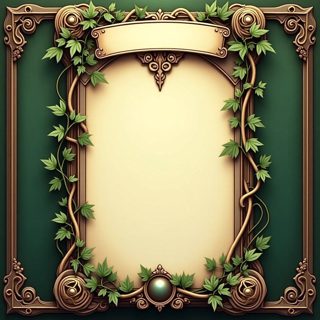 Decorative frame for a board game card with vines and leaves. Ornate border in green and gold. Center space for text or artwork.