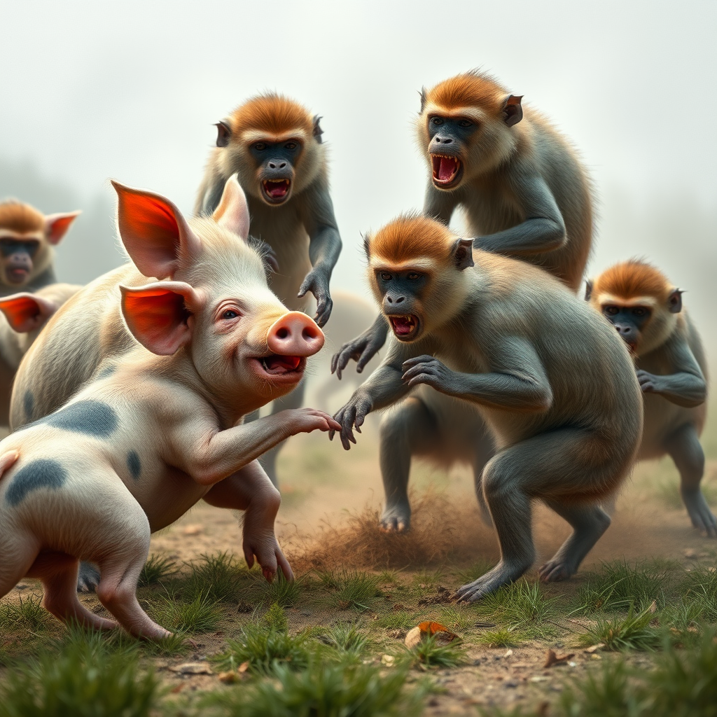 A playful piglet interacts with curious monkeys in a vibrant and dynamic outdoor scene.