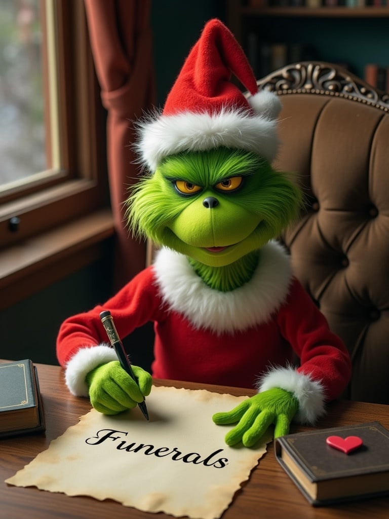 The Grinch with green fur in a Santa outfit writes the name Funerals on a parchment. Books and a cozy chair are present.