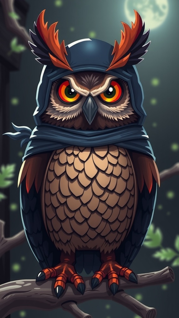 This image depicts a stylized illustration of an owl, characterized by fierce, red-orange eyes and a deep blue, hood-like covering over its head. The owl's body is adorned with intricate, scale-like feathers in shades of brown and orange. It is perched on a branch with the backdrop of a full moon, casting a serene, yet mystical ambiance.