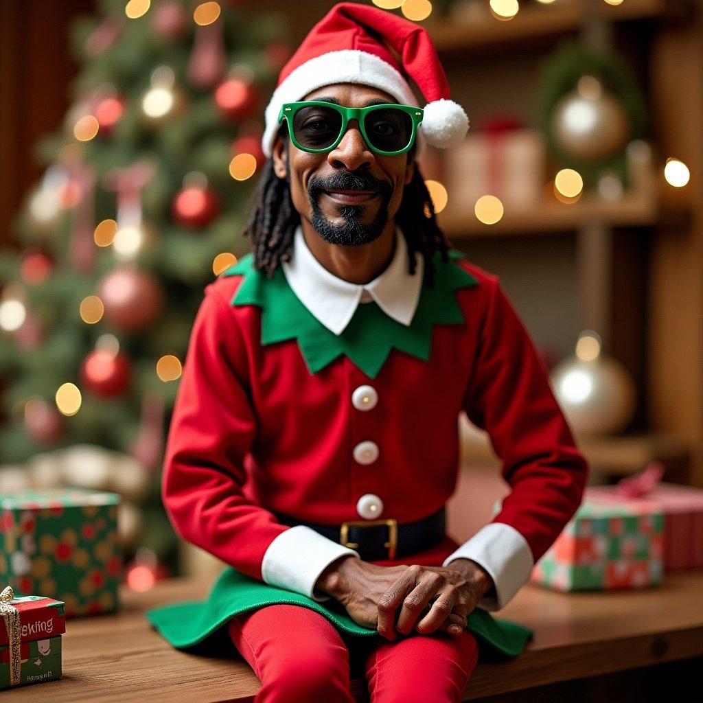 A character resembling Snoop Dogg dressed as an elf. Wearing a red and green outfit with oversized glasses. Sitting among holiday decorations and gifts. Smiling with a festive background.