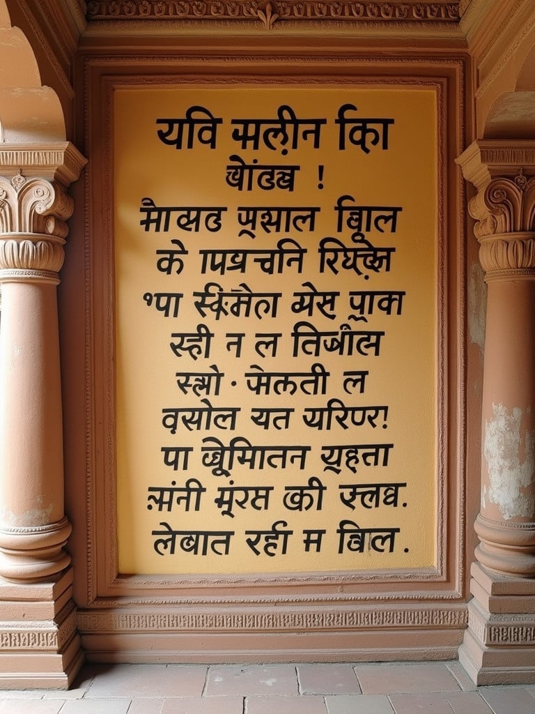 A wall of an Indian old temple features welcome greetings in Sanskrit and Devanagari script.