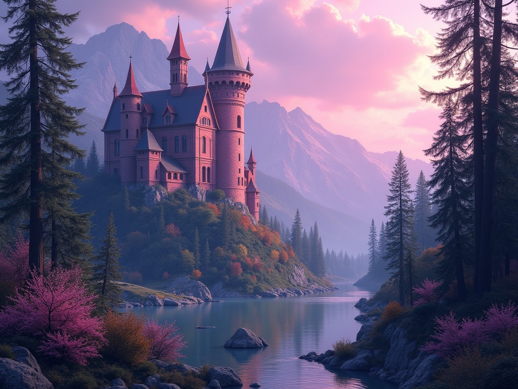 A fantasy castle situated in a mountain valley surrounded by trees and a stream. The castle is a magenta color.