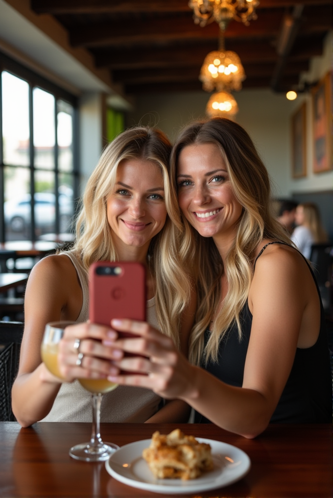 Two smiling women are taking a selfie in a cozy cafe.