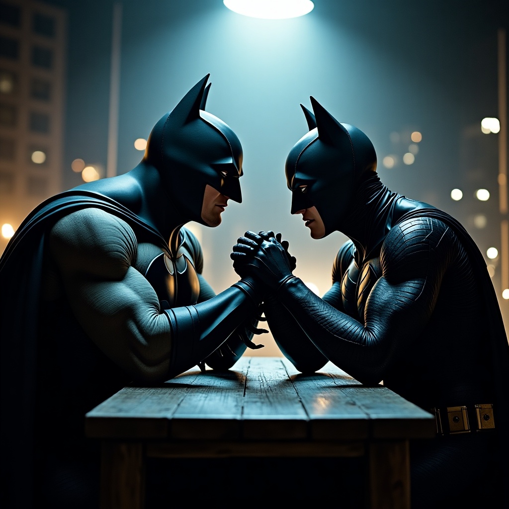 Batman and Catwoman engaged in an arm wrestling match at a table. Dynamic pose with strong muscles highlighted by dramatic lighting. Nighttime urban setting with soft background lights.