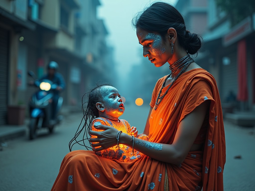 A woman and a baby with faces painted in blue and silver sit together on an urban street at dusk, illuminated by a warm internal light.