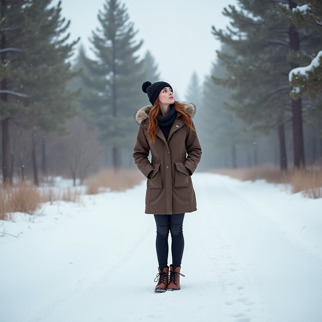 A person in a coat stands on a snowy path surrounded by snow-covered trees.