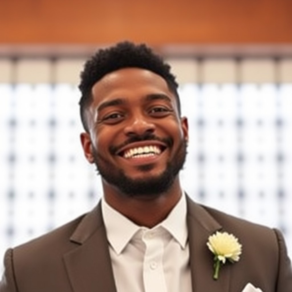 A smiling man in a suit with a boutonniere, radiating happiness.