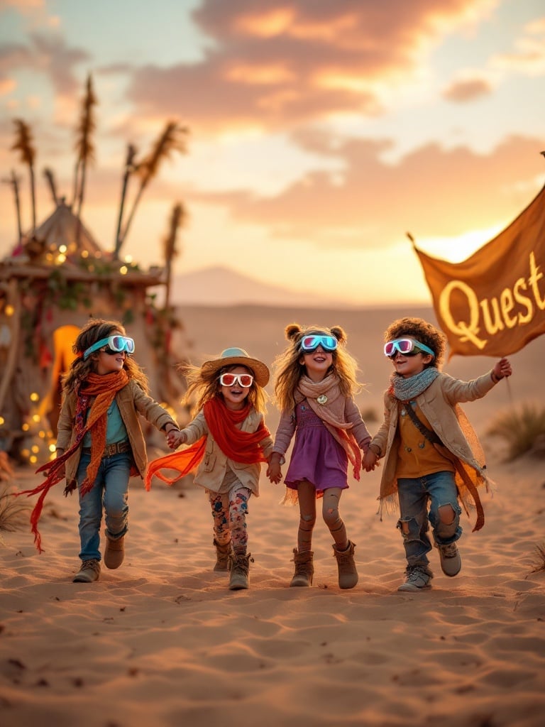 Four children enjoying a lively party in a desert. Warm golden sands stretch in the background. Vast sky with sunset hues of pink, orange, and purple. Diverse group in colorful costumes, wearing light-up goggles and scarves. Handmade wooden structure with streamers and lights nearby. Flag displaying the word Quest. Kids twirling and laughing near a dance floor. Large fabric flags in the breeze.