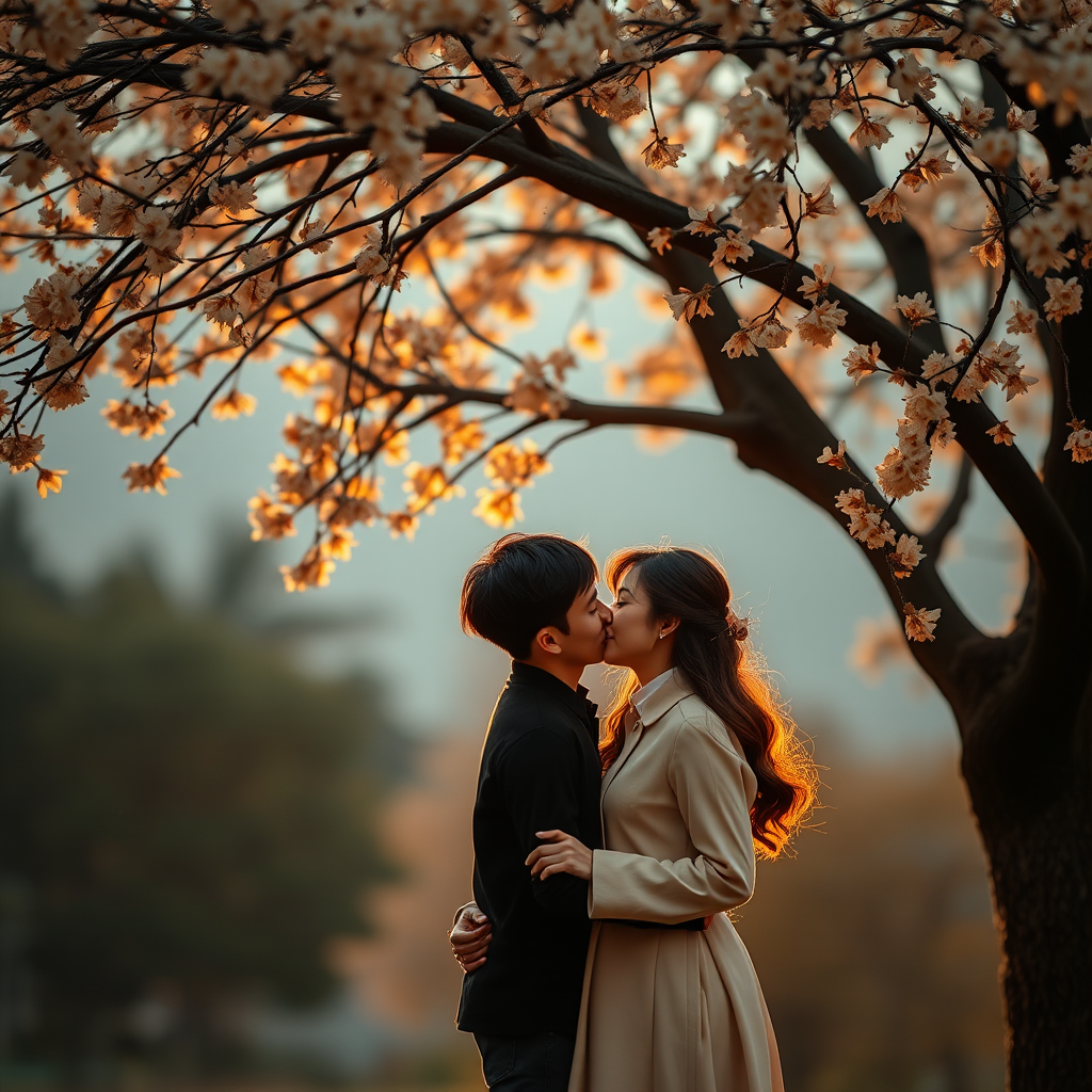 A couple shares a tender kiss under a blooming cherry blossom tree with warm, golden light illuminating them.