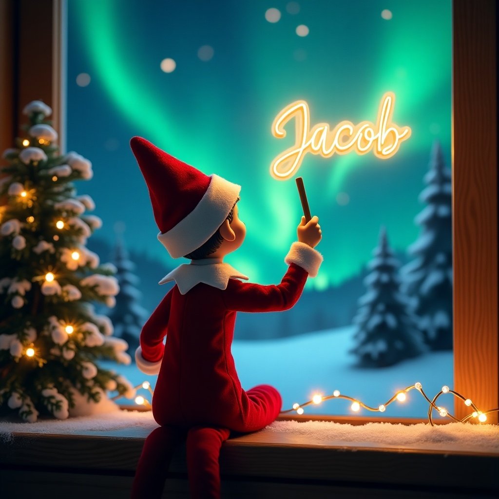 Enchanting Christmas scene. An elf on the shelf sits with back to viewer. Elf dressed in red and white. Elf writes 'Jacob' with magic wand. Vibrant northern lights in the background. Scene embodies holiday spirit with whimsical touch.