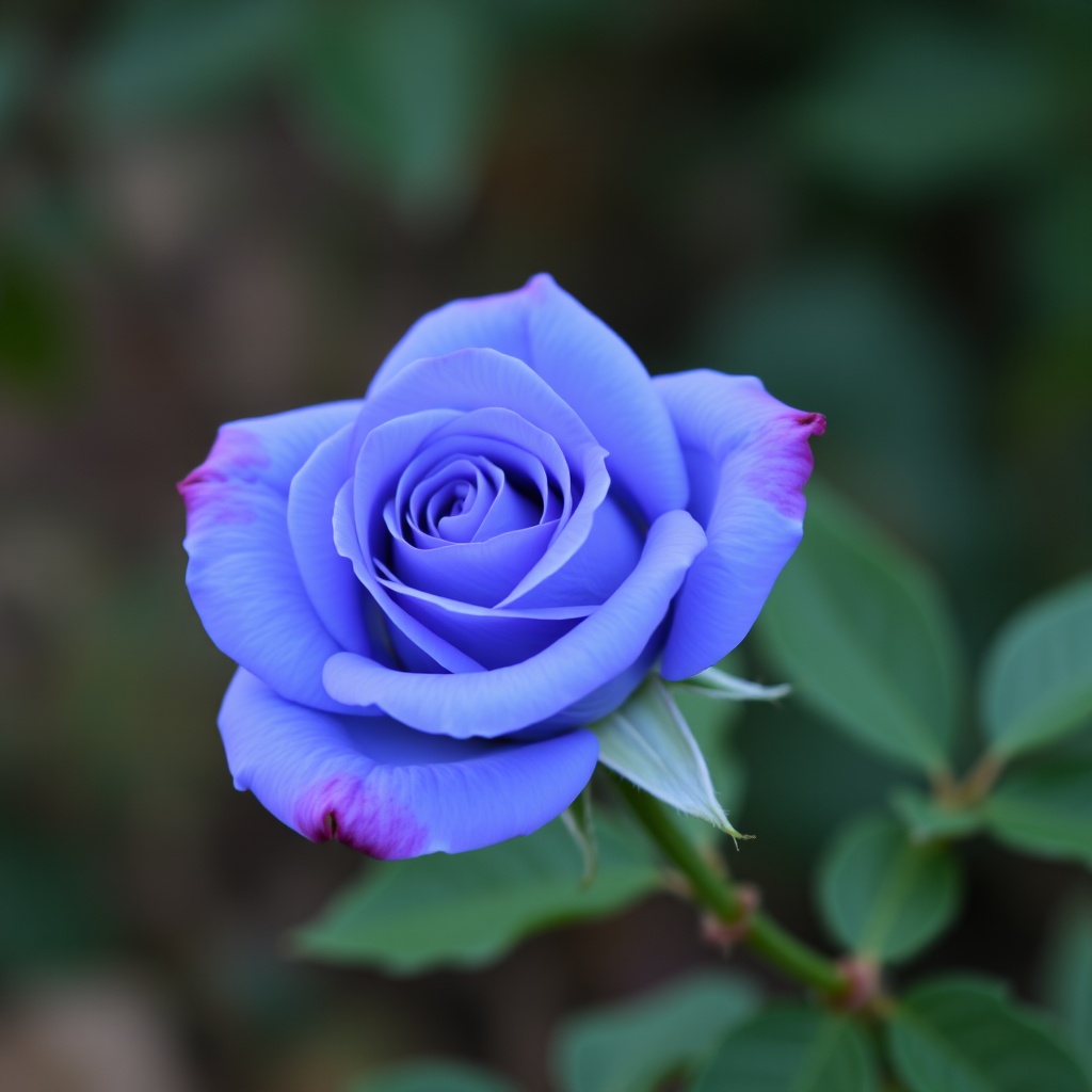 A vibrant blue rose with hints of pink on its petals against a soft-focus green background.