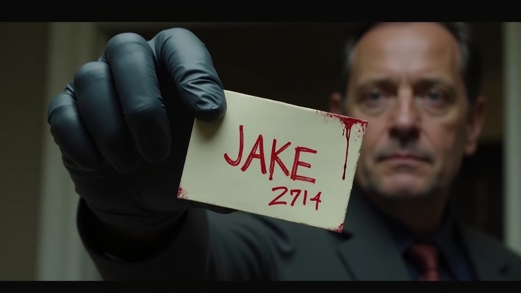 A gloved hand holds a bloodstained note with the name 'JAKE' and numbers '2714'. The scene suggests mystery and detective work. Lighting creates a tense atmosphere. The note is central and vivid against a dark background.